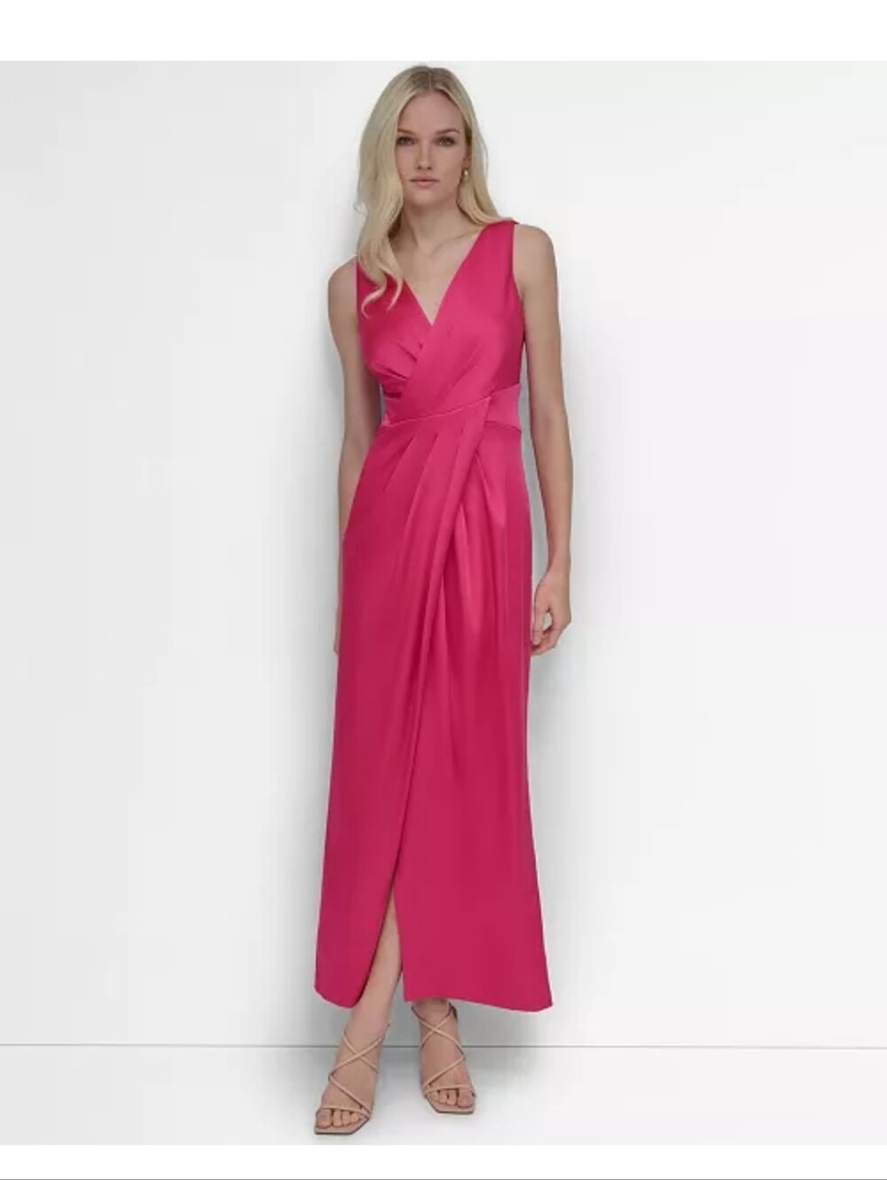 DKNY Fuchsia Satin Evening Dress Sleeveless Surplice Maxi Wedding Guest Size 8